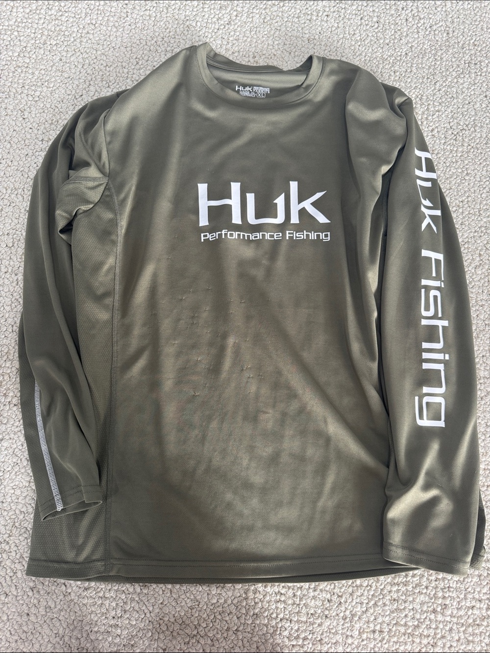 Huk Olive Green Performance Fishing Long Sleeve Shirt with White Logo